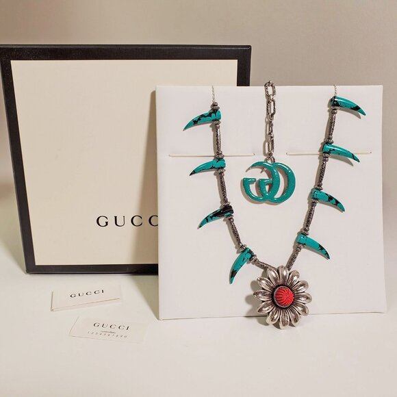 GUCCI NECKLACE MARMONT FLOWER TURQUOISE HORNS STERLING SILVER - Picture 11 of 13